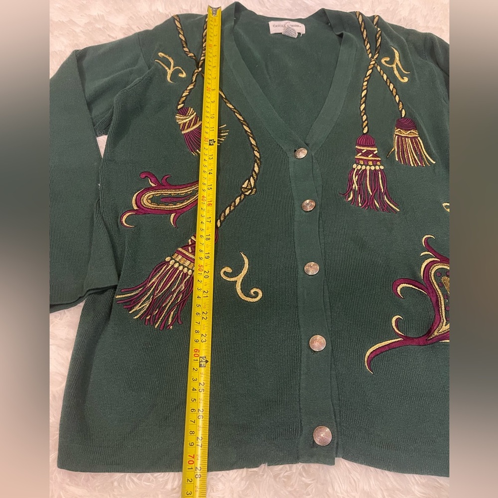 Vintage Casual Corner hunter green embroidered v-neck cardigan sweater Large - Picture 5 of 7